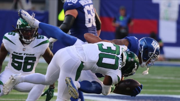 Jets' CB Michael Carter II makes a play against the New York Giants at MetLife Stadium